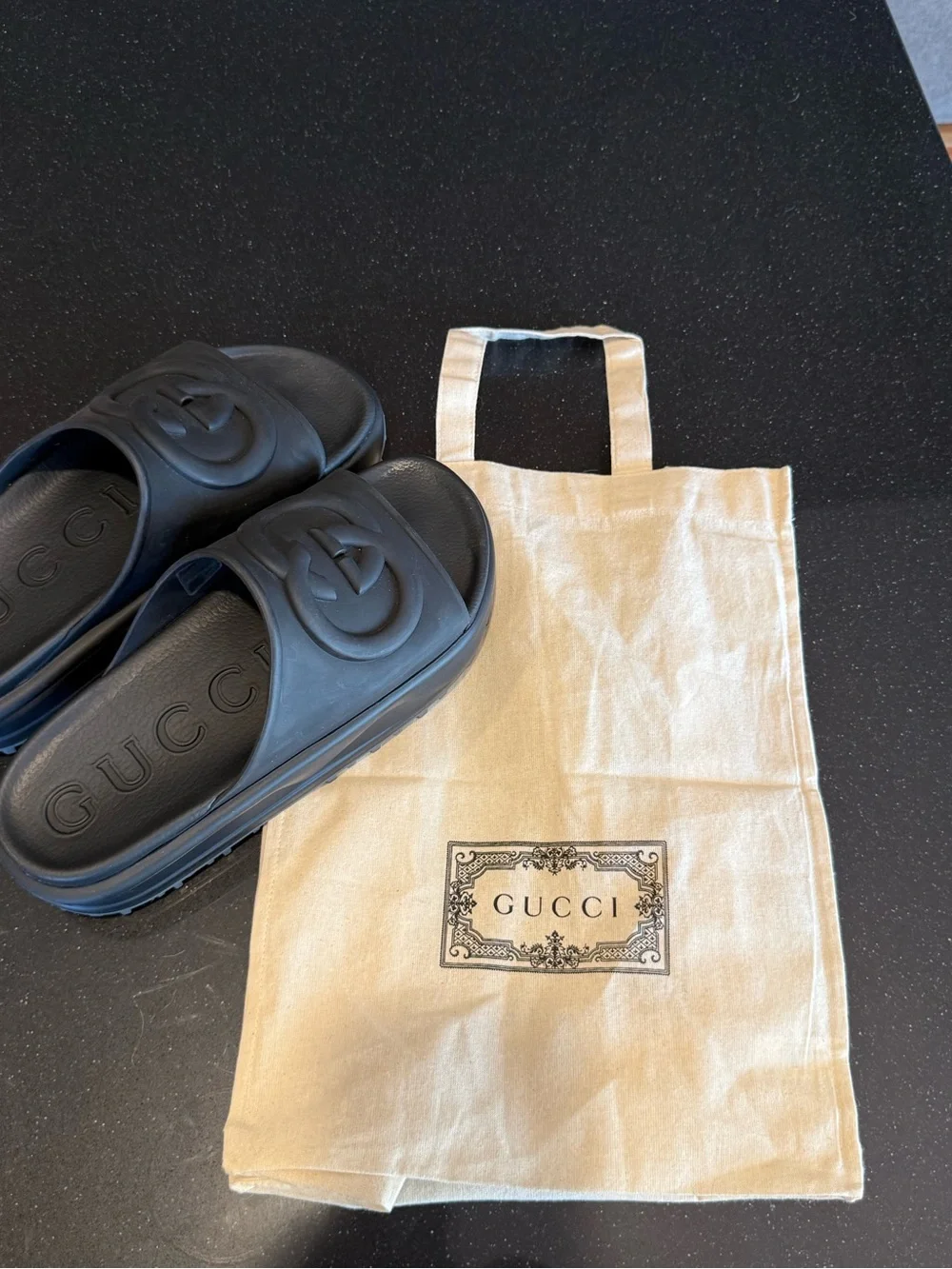 Gucci Matte Black Interlocking GG Slide Sandals